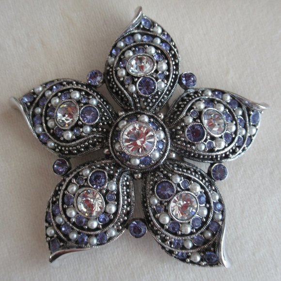 VTG JOAN RIVERS Faux Tanzanite, Pearls w/Rhinestones PIN BROOCH Silver Tone 2.5" - Picture 1 of 7